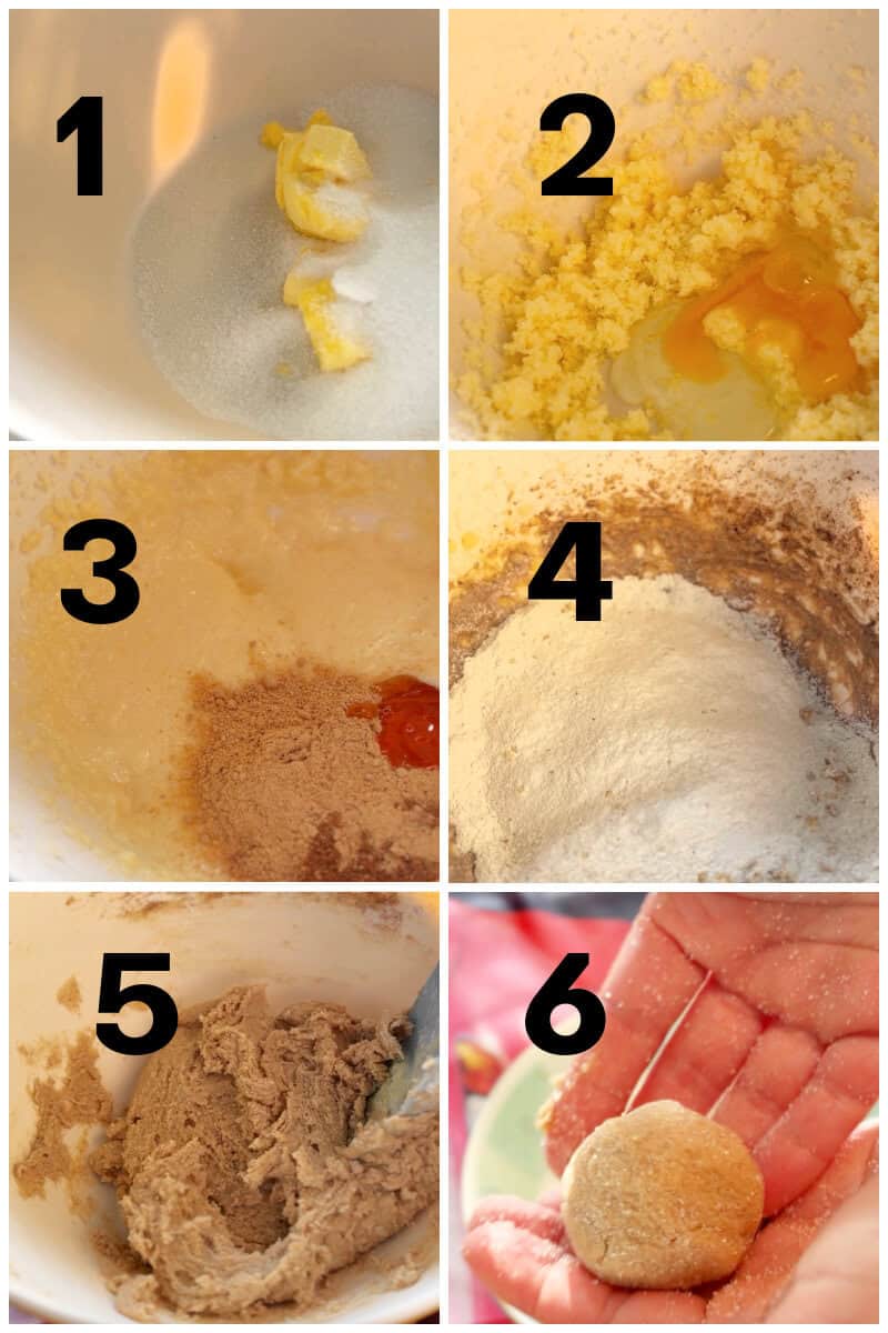 Collage of 6 photos to show how to make ginger biscuits.