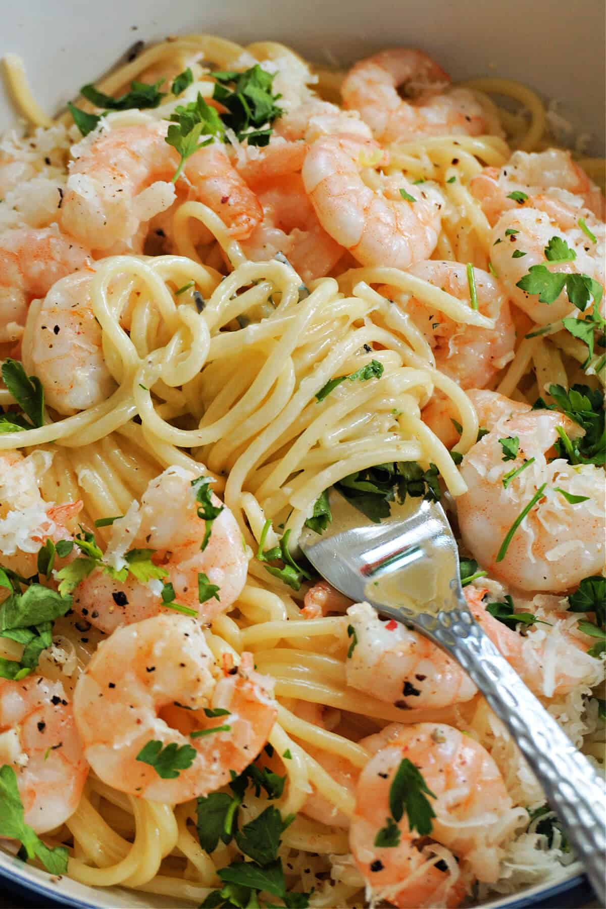 Close-up with a fork twisting spaghetti on a plate with spaghetti and prawns garnished with chopped parsley.