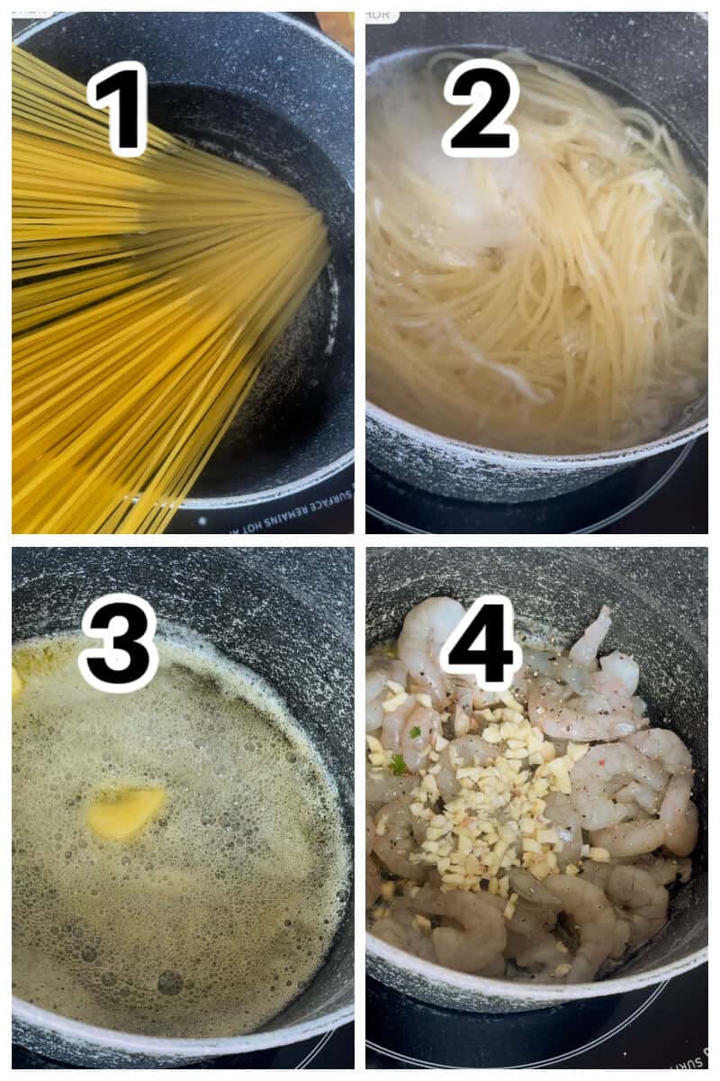 Collage of 4 photos to show how to make prawn pasta.