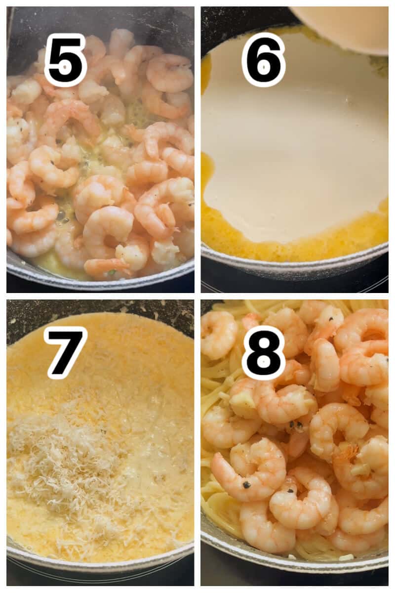 Collage of 4 photos to show how to make alfredo pasta with prawns.