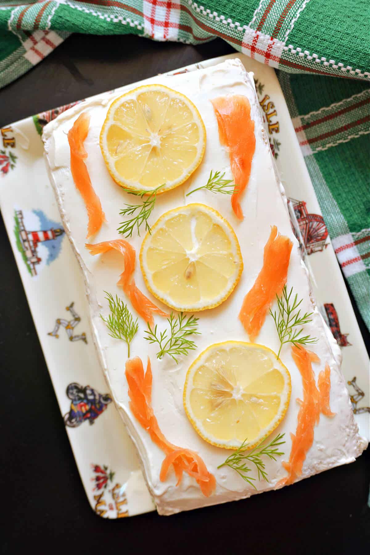 Overhead shoot of a sandwich cake on a tray.