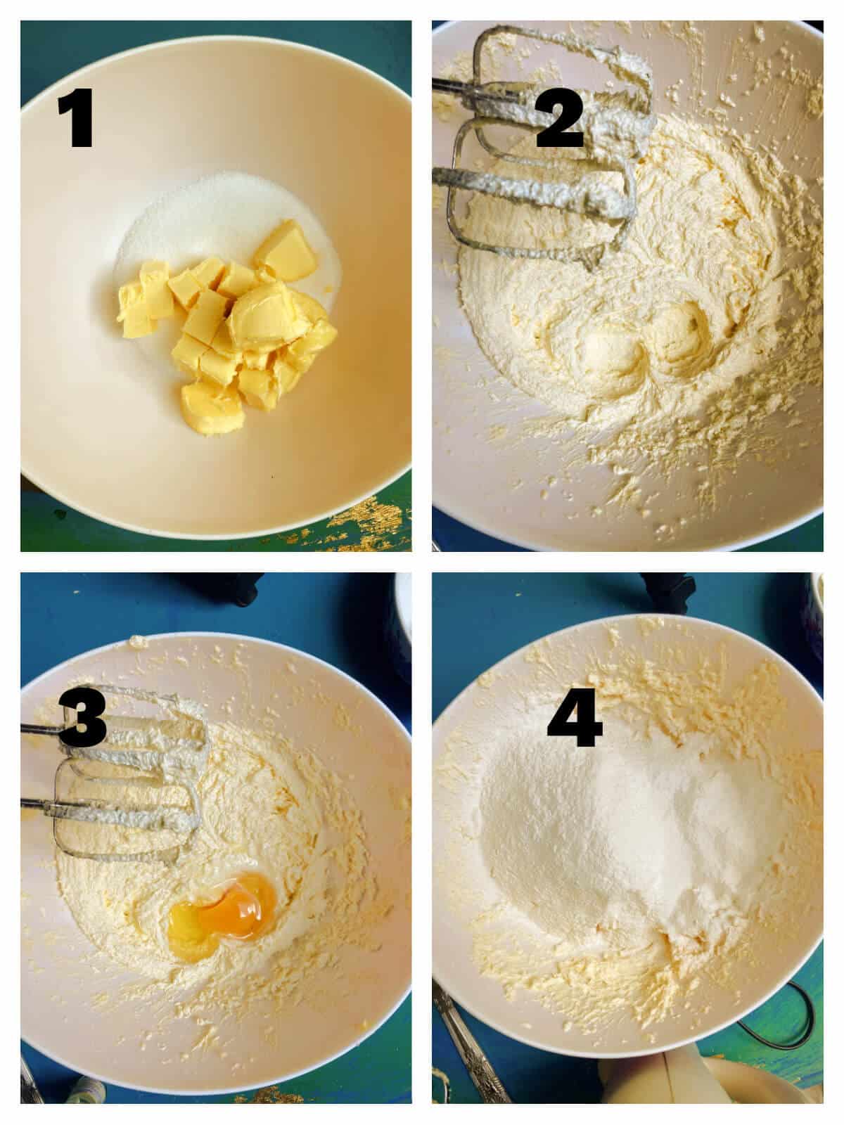 Collage of 4 photos to show how to make vanilla sponge cake.