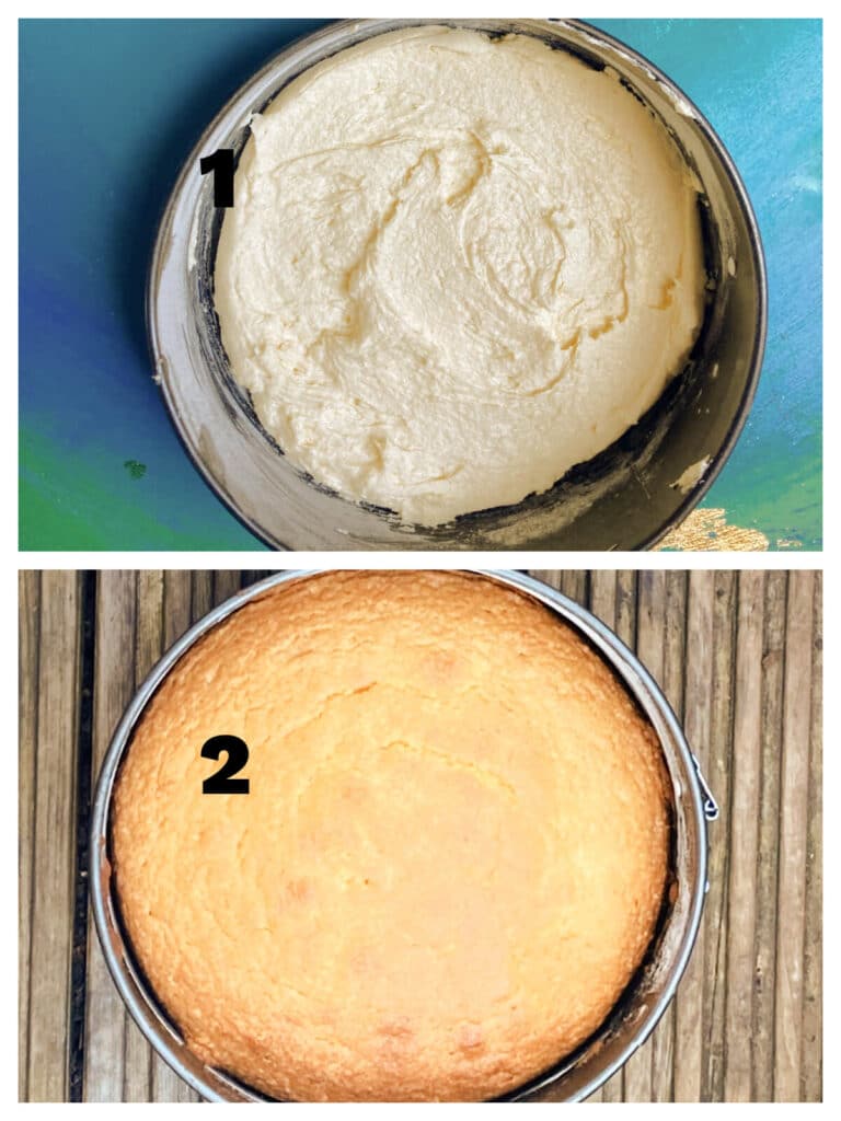 Collage of 2 photos to show an unbaked and a baked sponge cake
