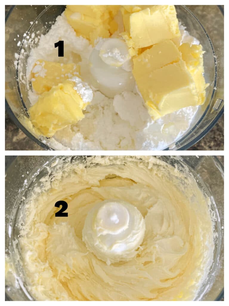 Collage of 2 photos to show how to make vanilla buttercream frosting