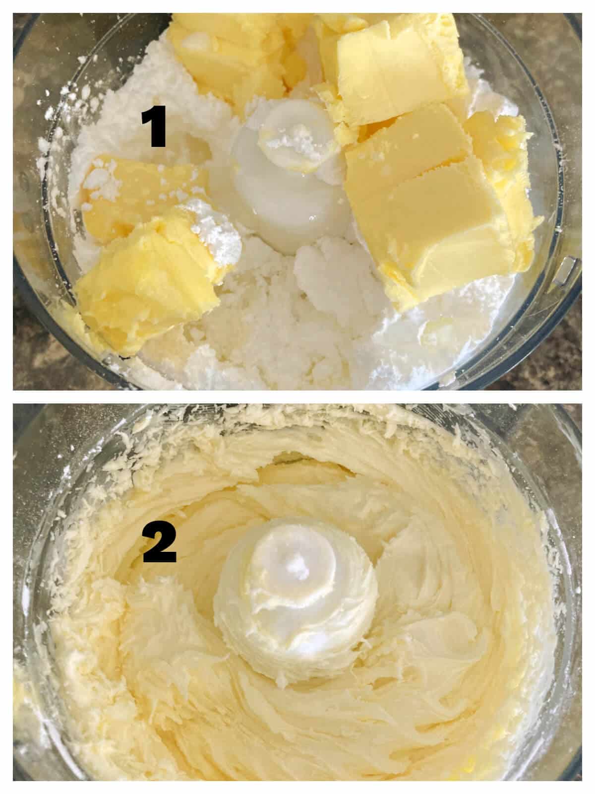 Collage of 2 photos to show how to make vanilla buttercream frosting.
