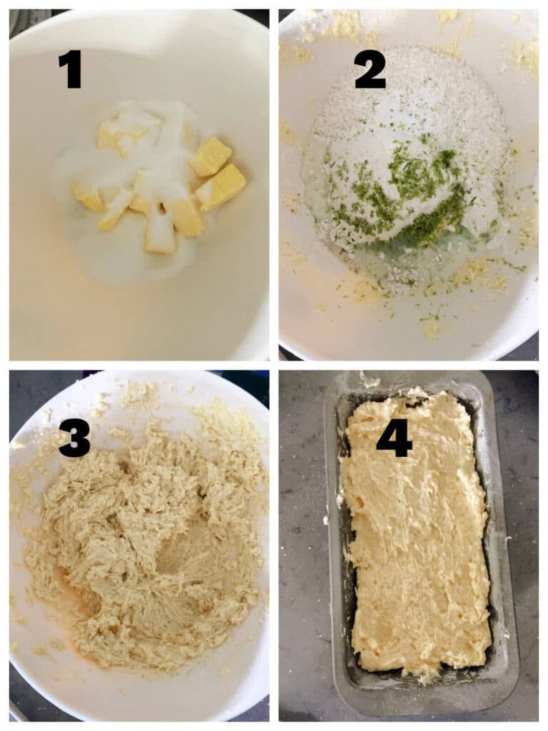 Collage of 4 photos to show how to make coconut and lime drizzle cake