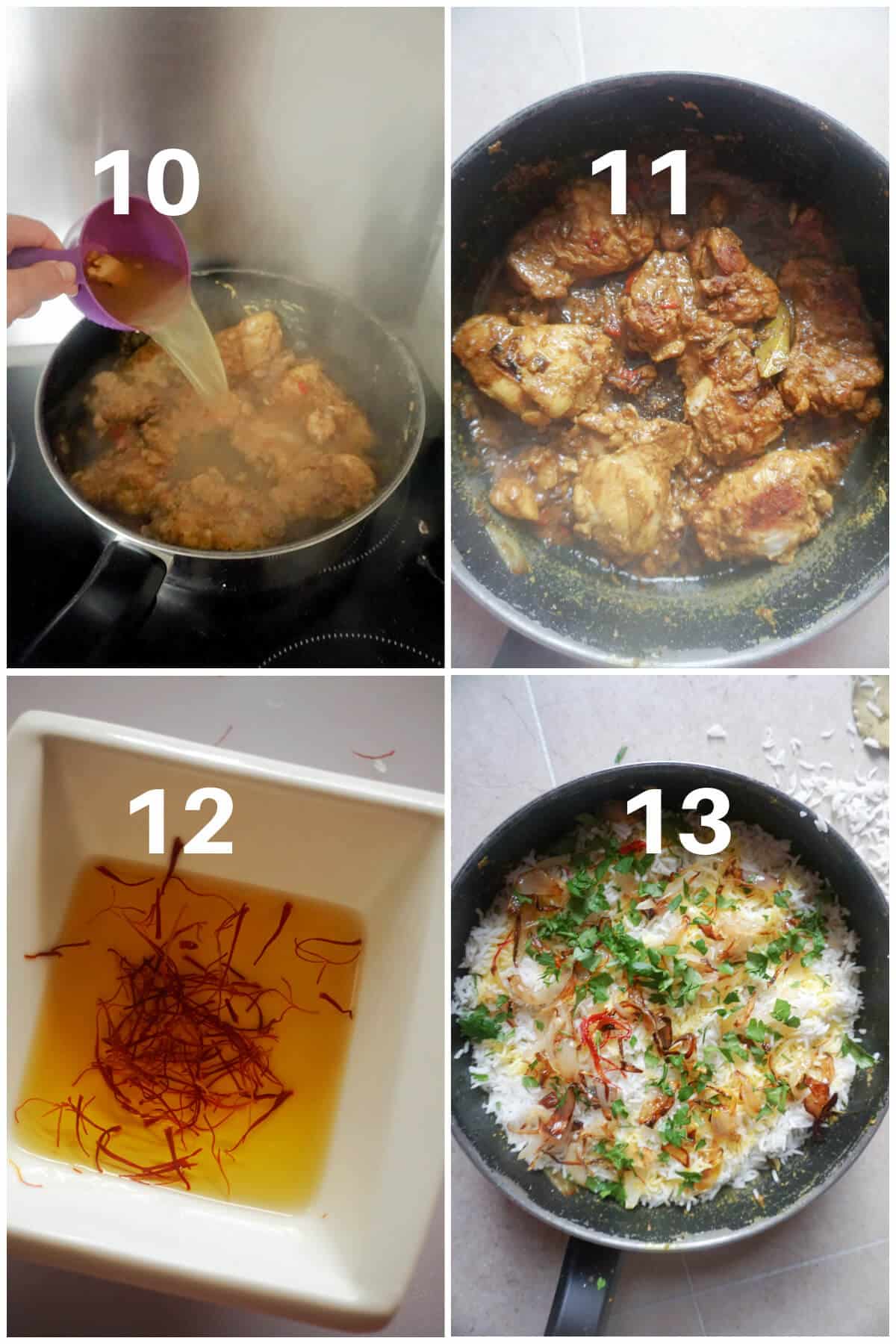 Collage of 4 photos to show how to make biryani.