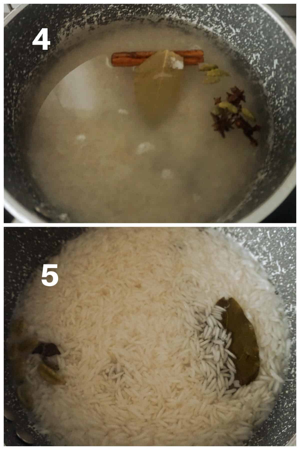 Collage of 2 photos to show how to make spiced rice for biryani.