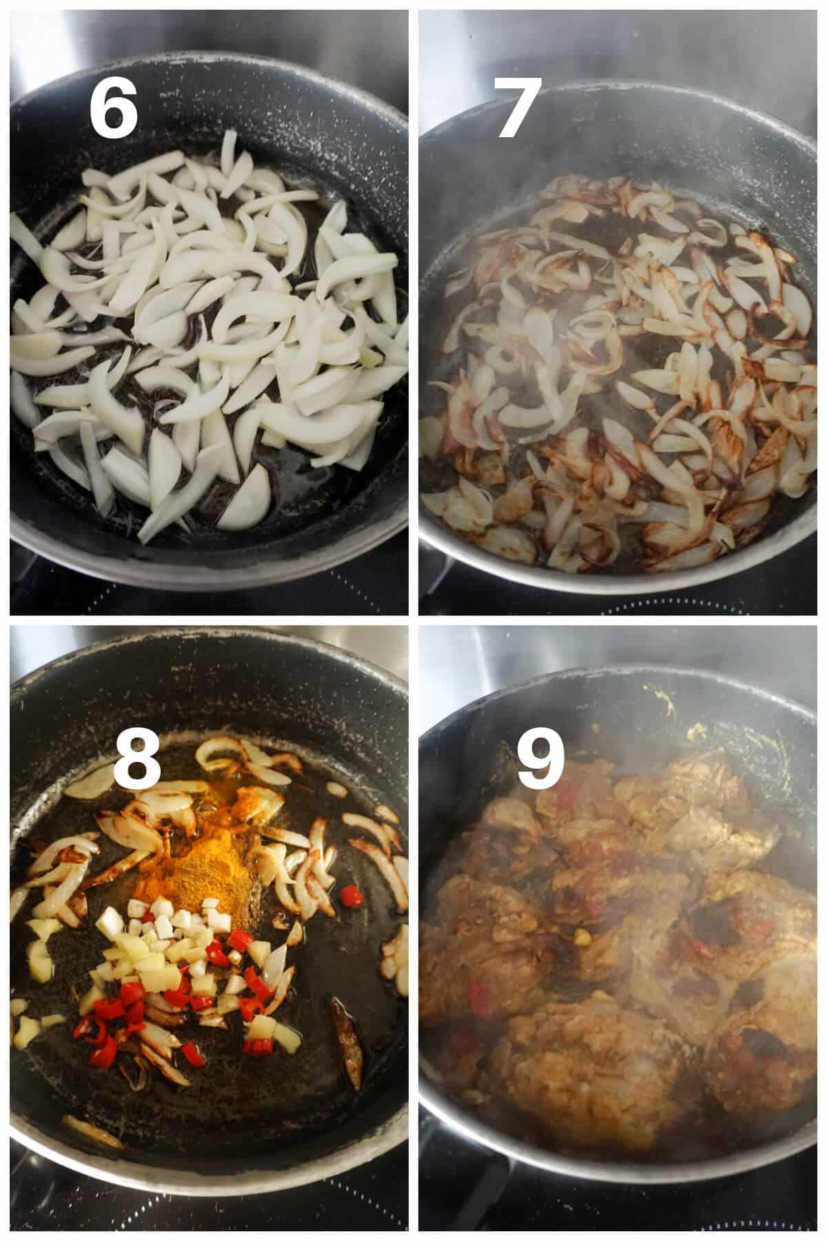 Collage of 4 photos to show how to cook chicken biryani.