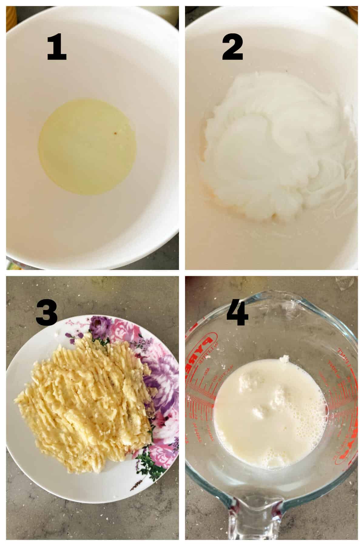 Collage of 4 photos to show how to make pancakes.