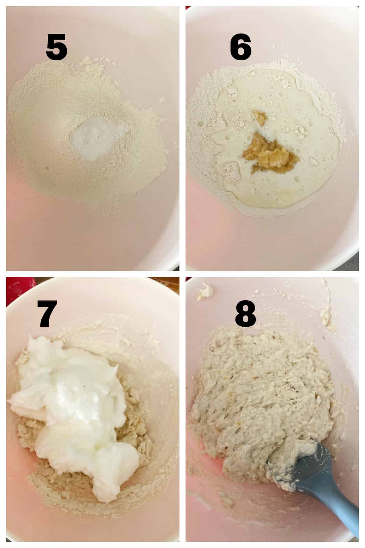 Collage of 4 photos to show how to make pancakes.