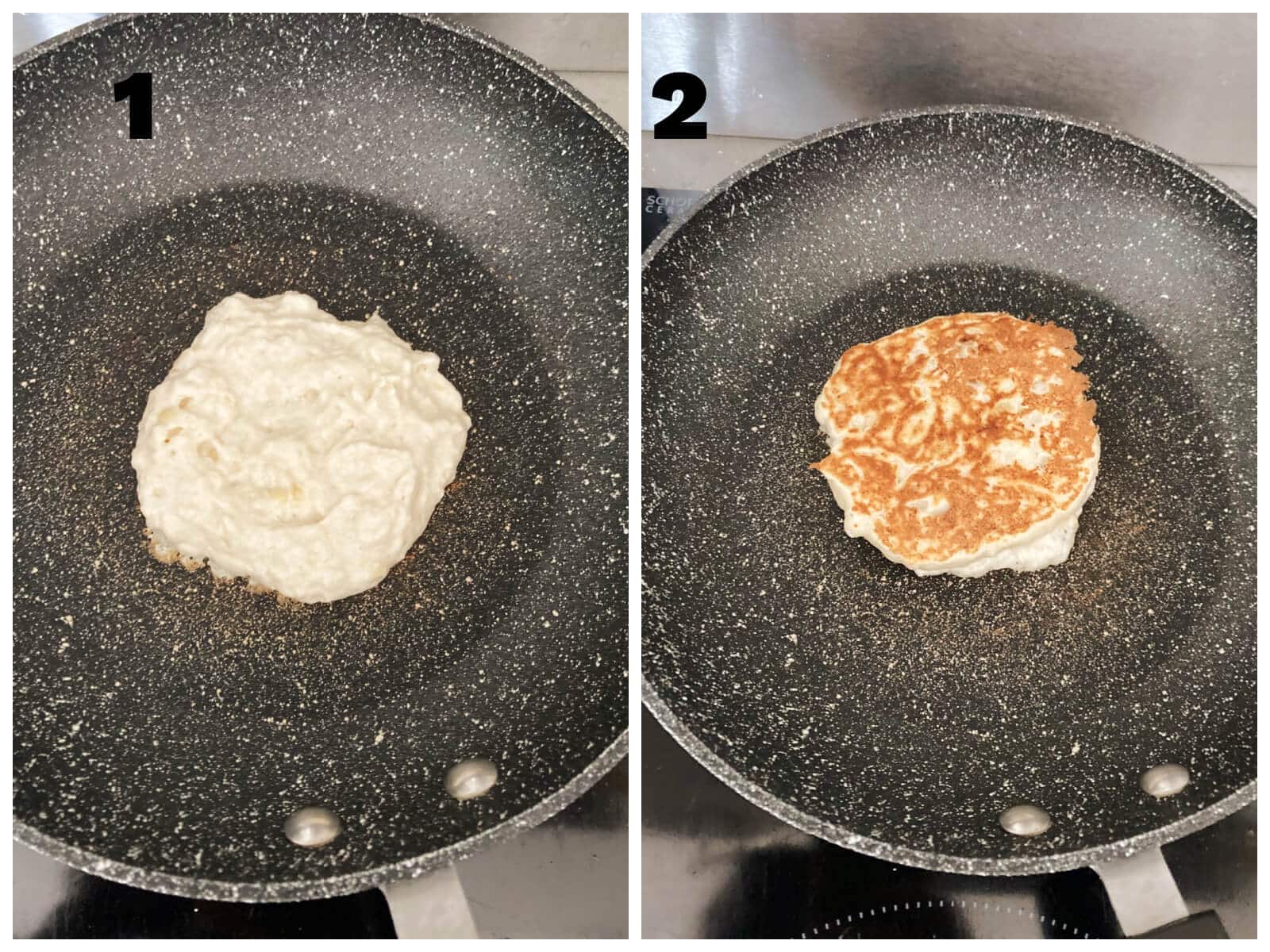 Collage of 2 photos to show how to make pancakes.