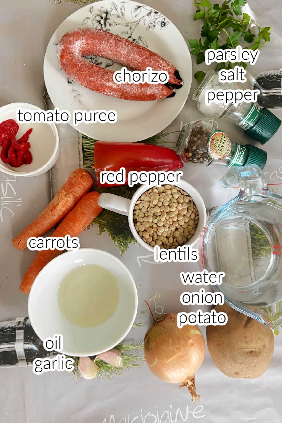 Ingredients needed to make lentil stew with chorizo.