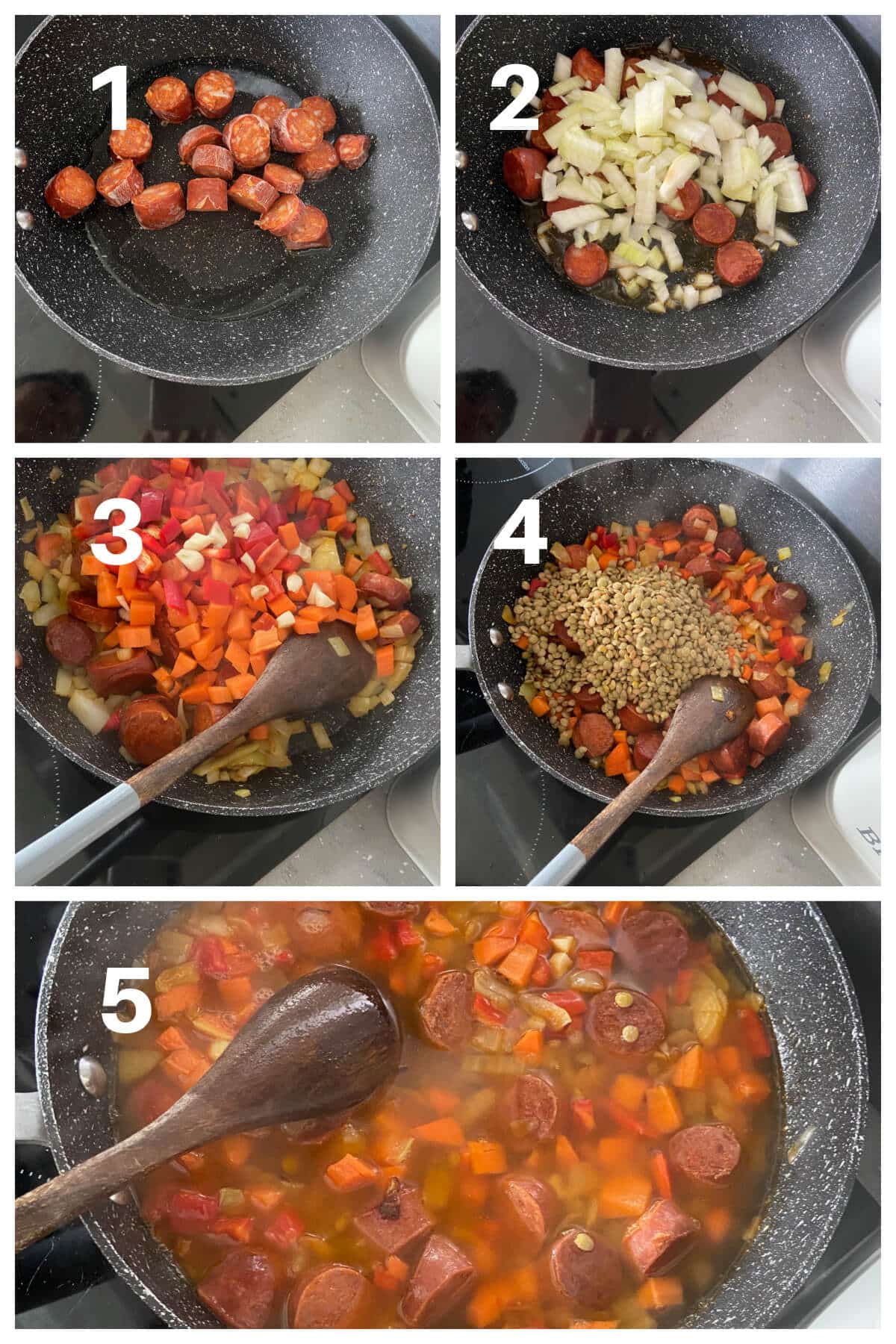 Collage of 5 photos to show how to make lentil and chorizo stew.