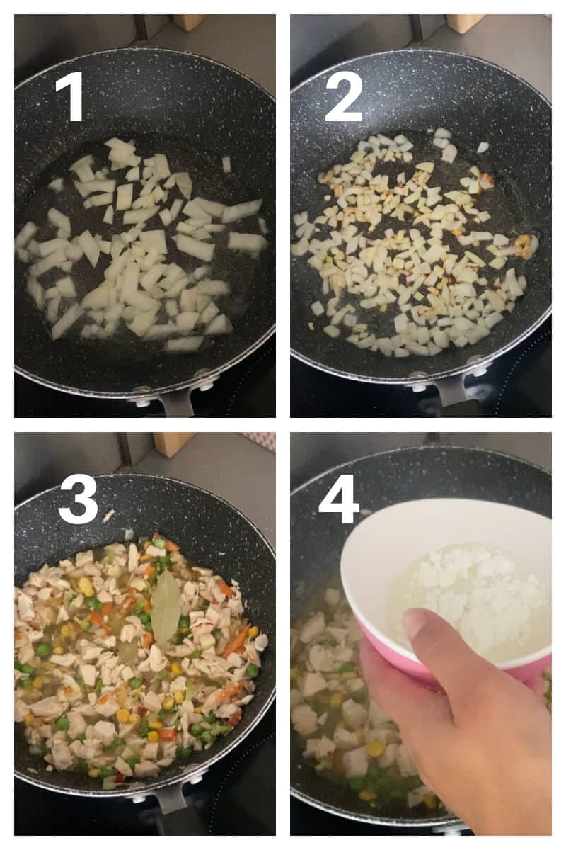 Collage of 4 photos to show how to make the filling for the turkey pies.