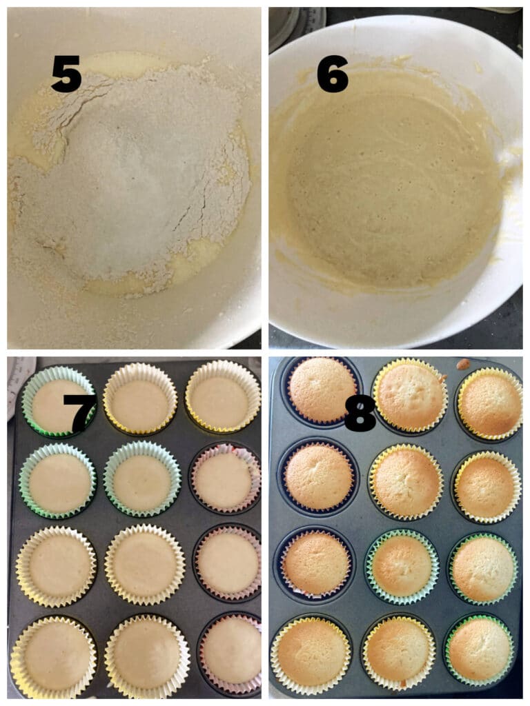 Collage of 4 photos to show how to make cupcakes