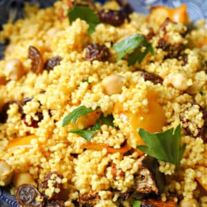Close-up shoot of fruity couscous salad with chickpeas.