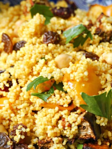 Close-up shoot of fruity couscous salad with chickpeas.