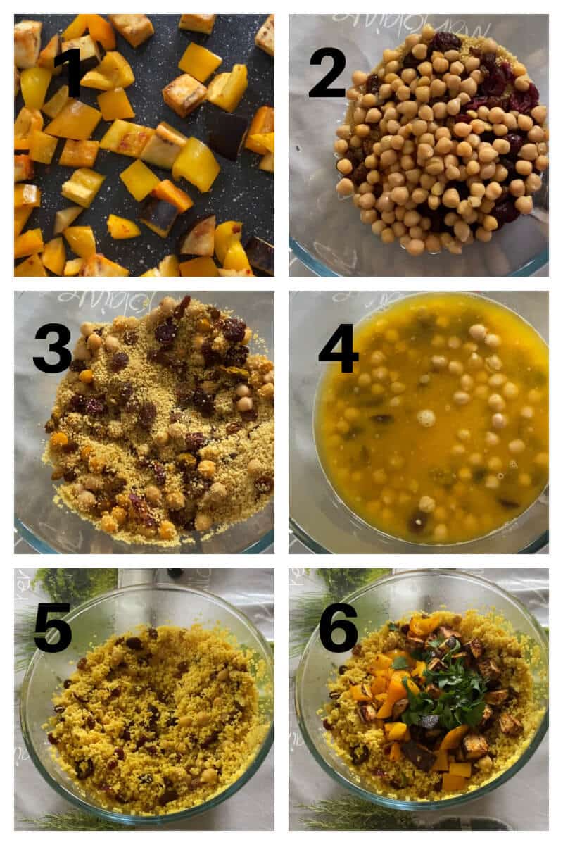 Collage of 6 photos to show how to make couscous salad.
