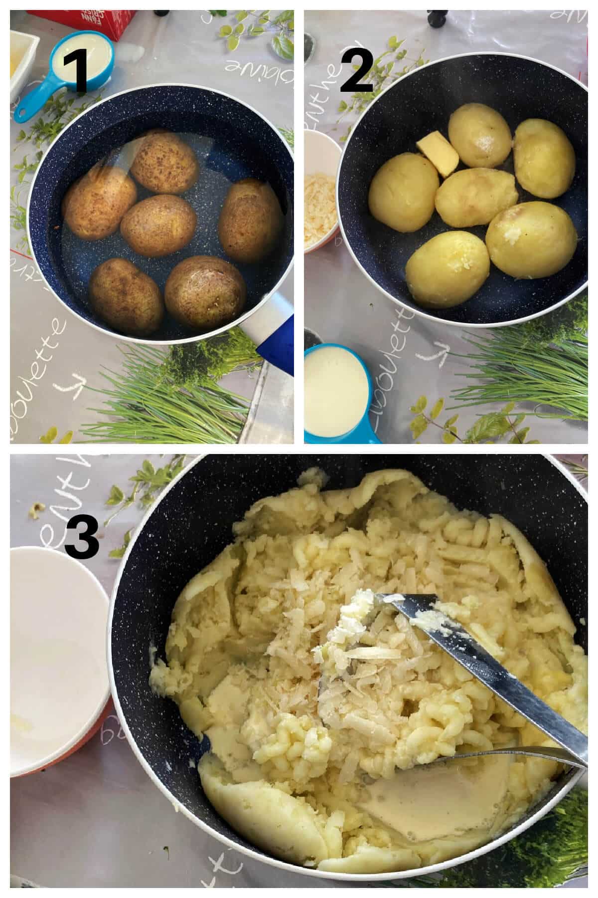 Collage of 3 photos to show how to make mashed potatoes.