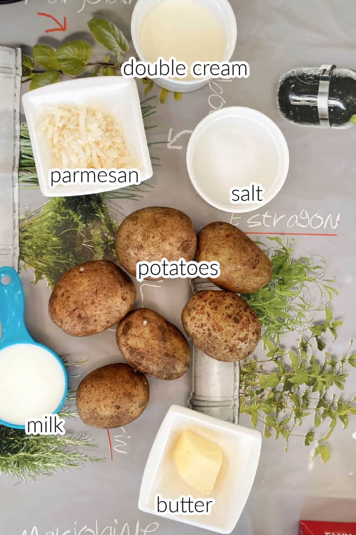 Ingredients needed to make parmesan mashed potatoes.