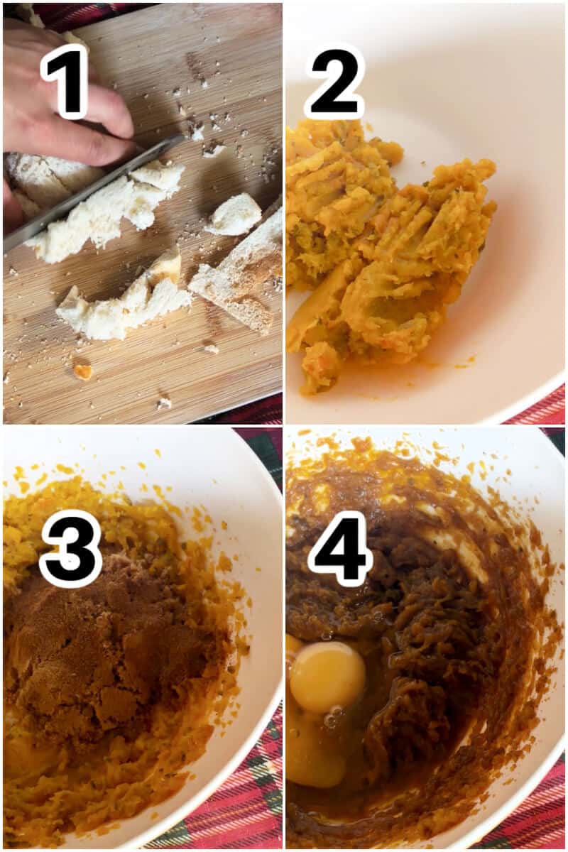 Collage of 4 photos to show how to make pumpkin bread pudding.