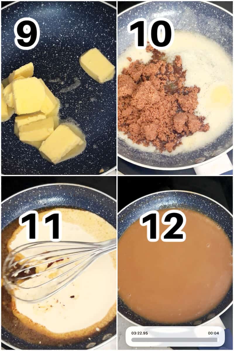 Collage of 4 photos to show how to make butterscotch sauce.