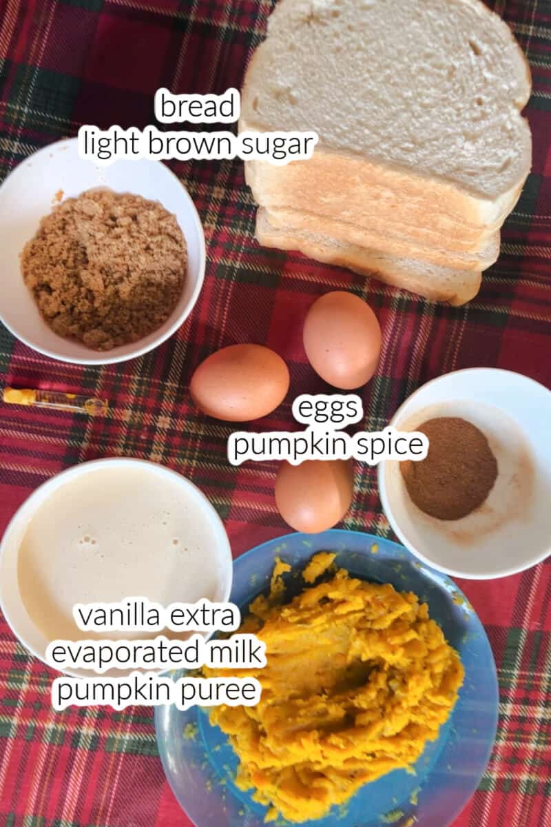 Ingredients displayed on the table to make pumpkin bread pudding.
