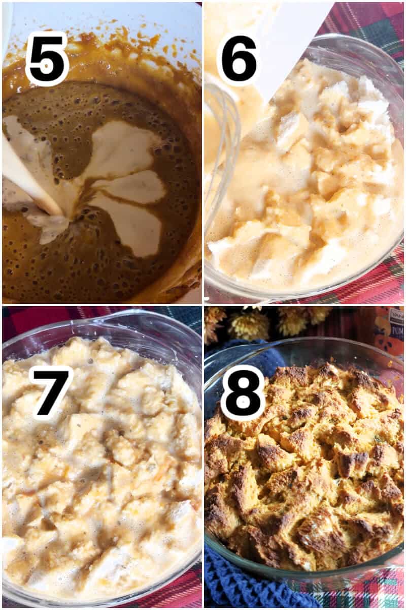 Collage of 4 photos to show how to make pumpkin bread pudding.