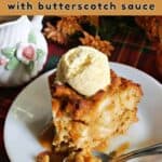 A slice of pumpkin bread pudding with a scoop of vanilla ice cream on top.