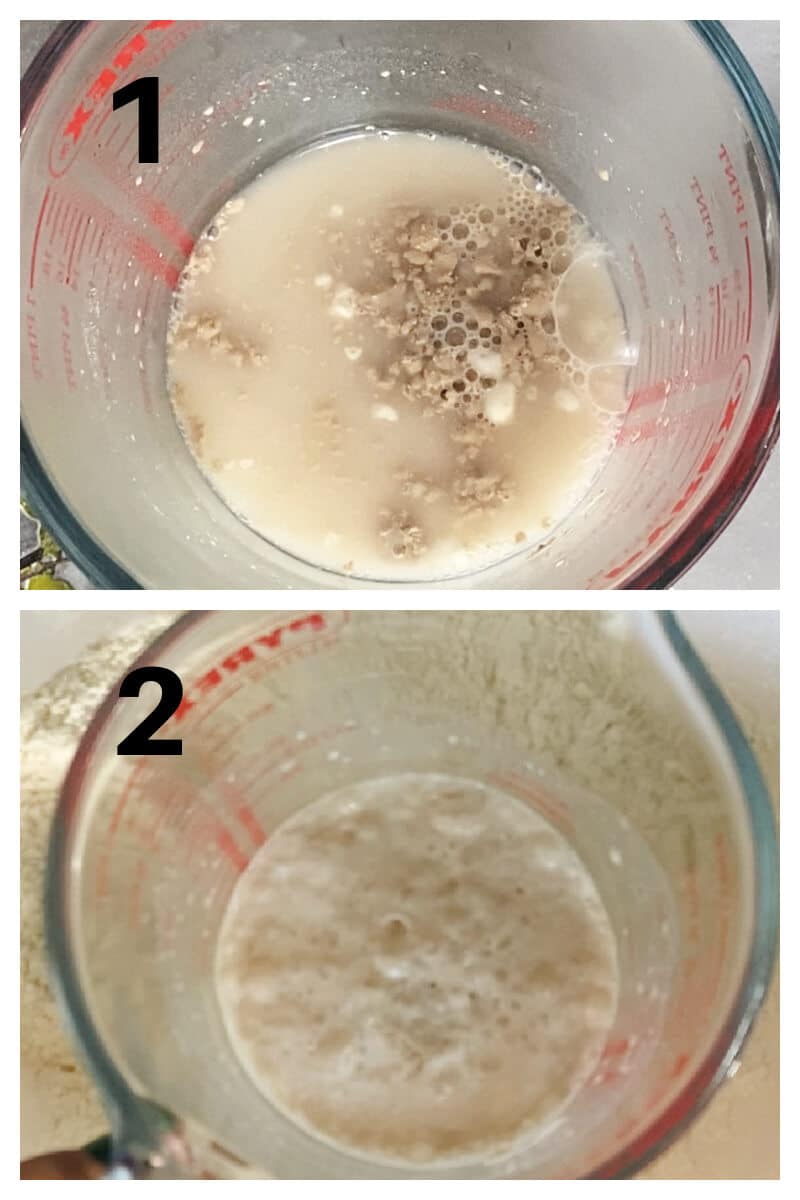 Collage of 2 photos to show how to activate the yeast to make dough.