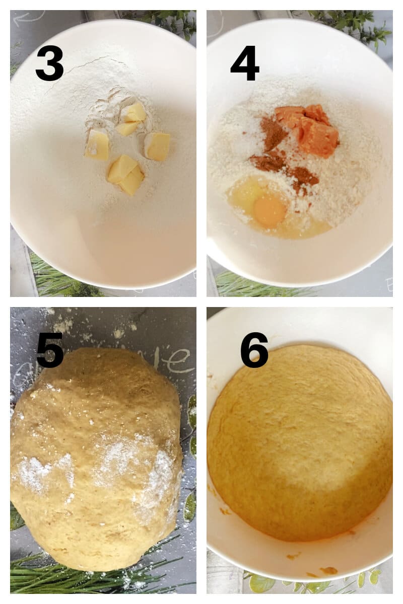 Collage of 4 photos to show how to make pumpkin dough.