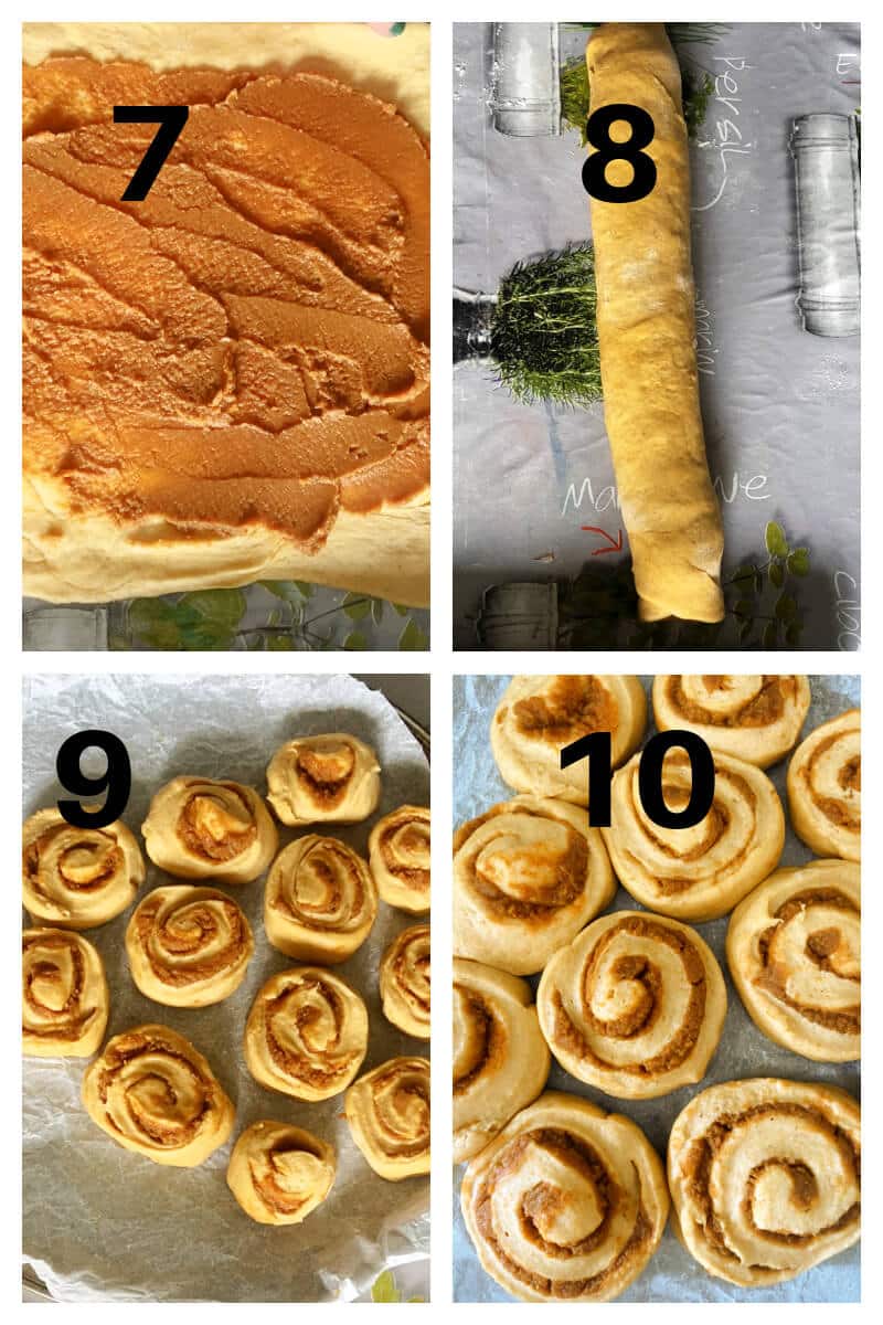 Collage of 4 photos to show how to make pumpkin cinnamon rolls.