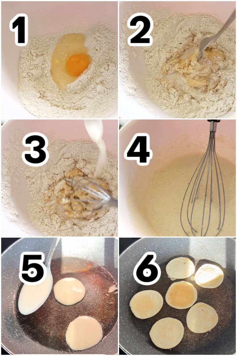 Collage of 6 photos to show how to make blinis.