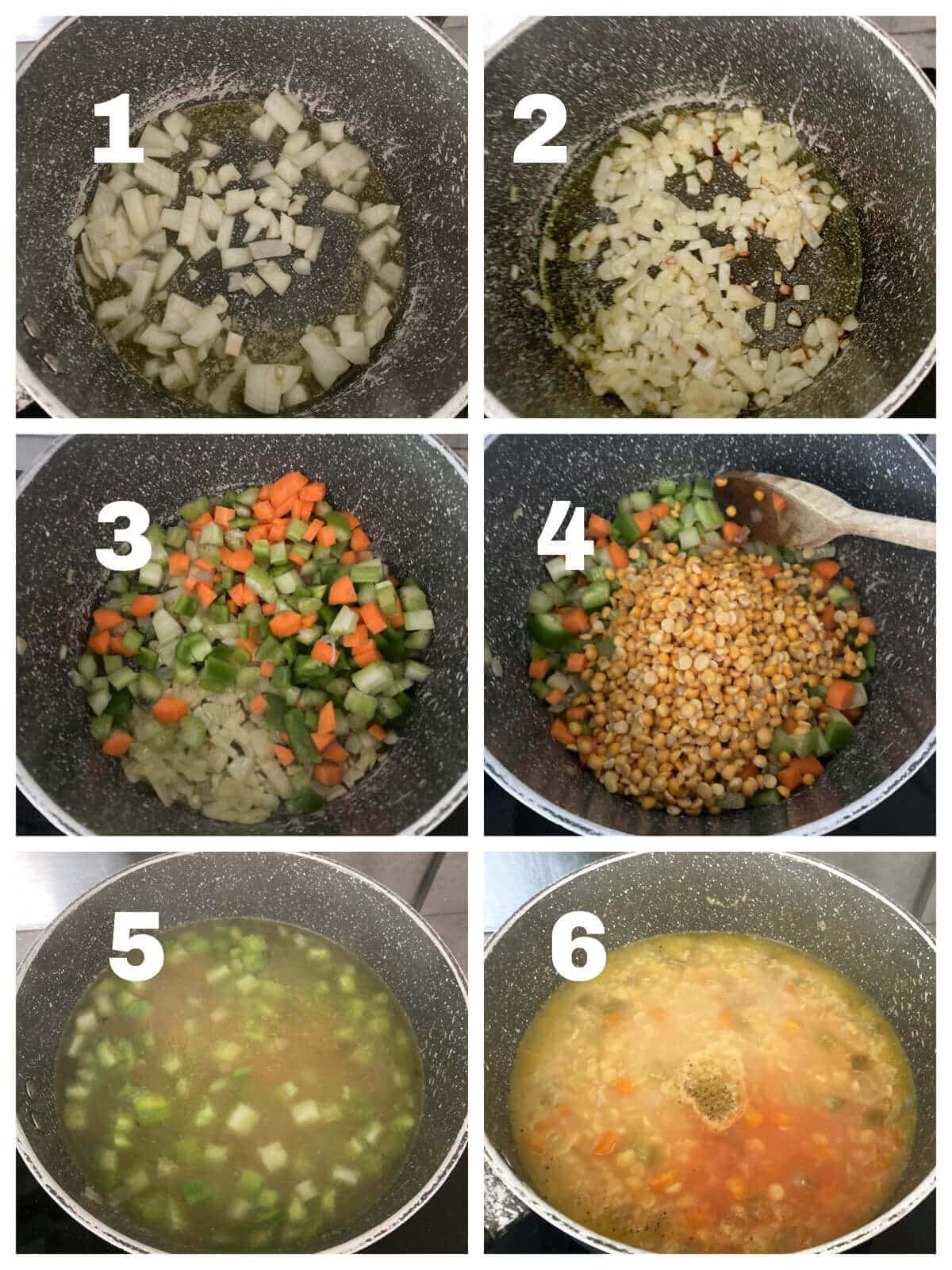 Collage of 6 photos to show how to make yellow split pea soup.