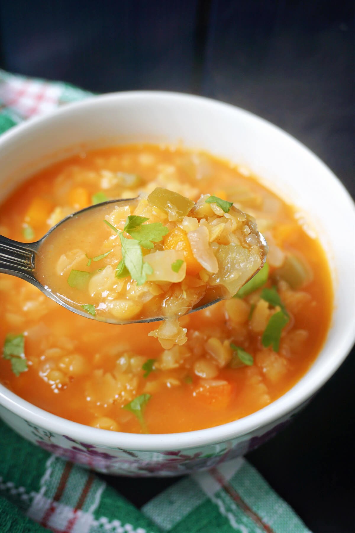 A bowl with split pea soup.