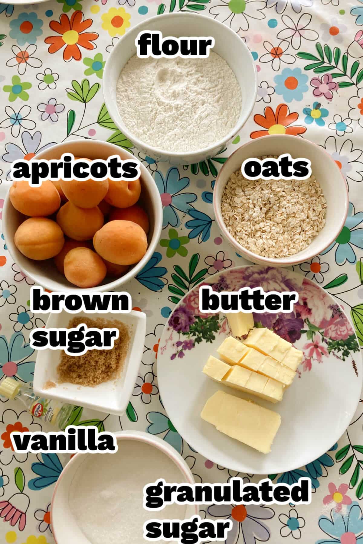 Ingredients needed to make apricot crumble.