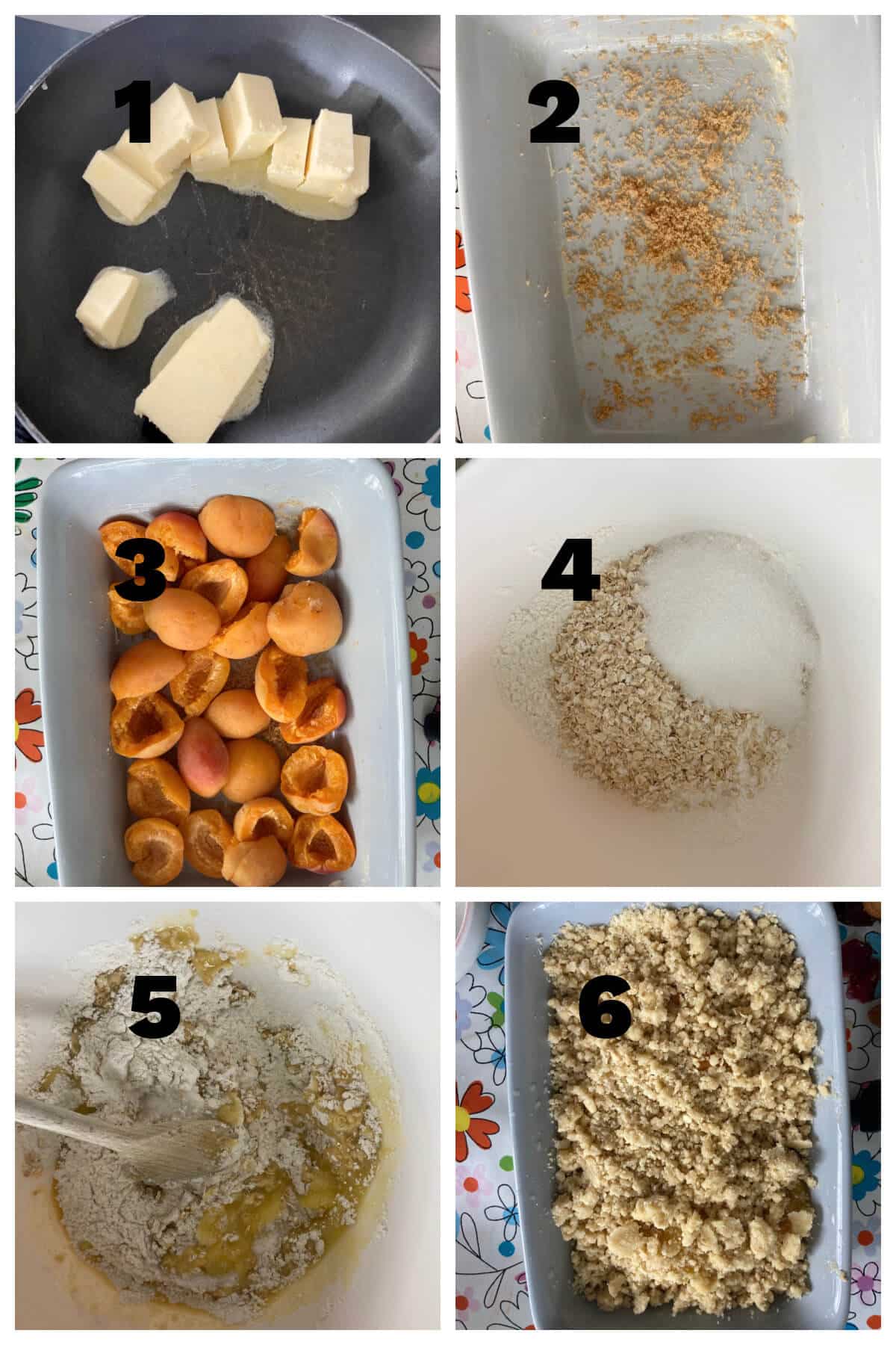 Collage of 6 photos to show how to make apricot crumble.