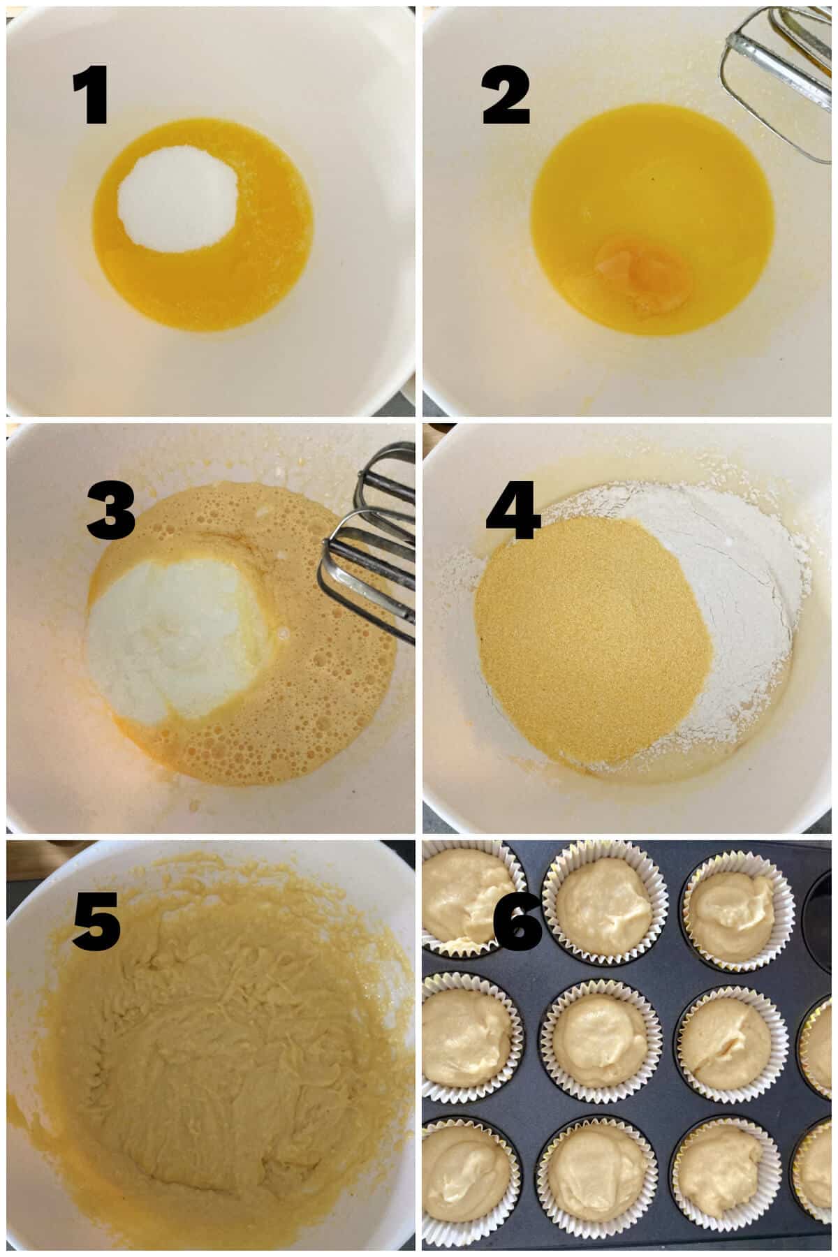 Collage of 6 photos to show how to make cornbread muffins.