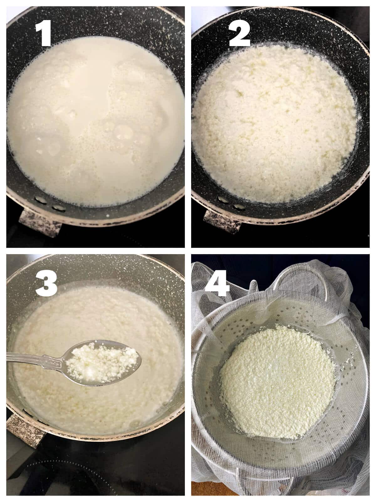 Collage of 4 photos to show how to make farmer's cheese.