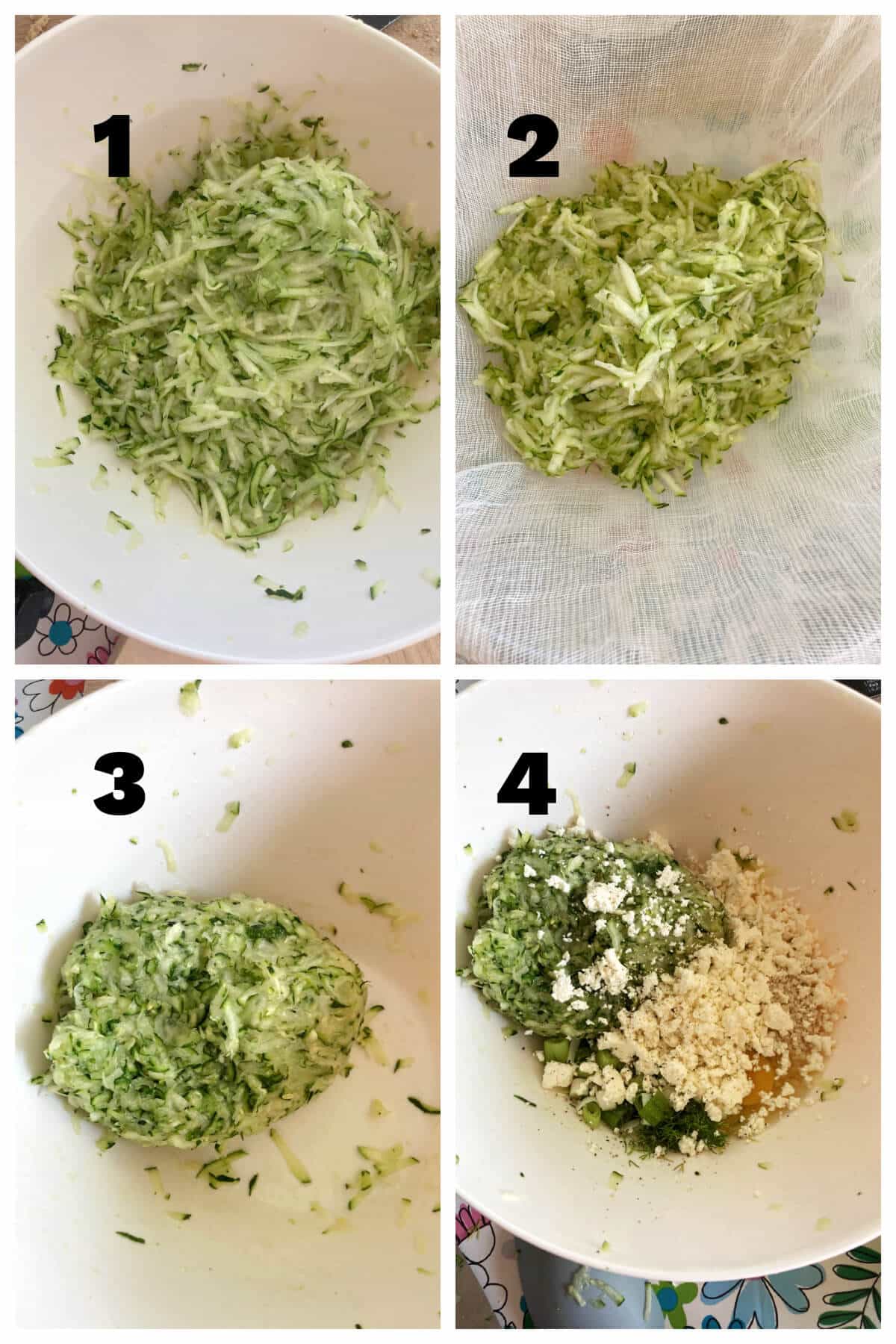 Collage of 4 photos to show how to make courgette fritters.