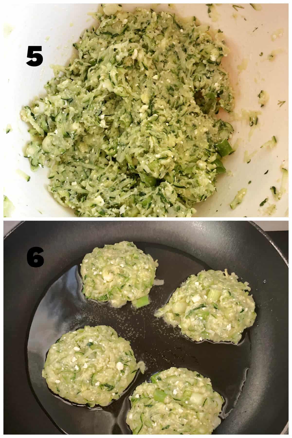 Collage of 2 photos to show how to make courgette fritters.