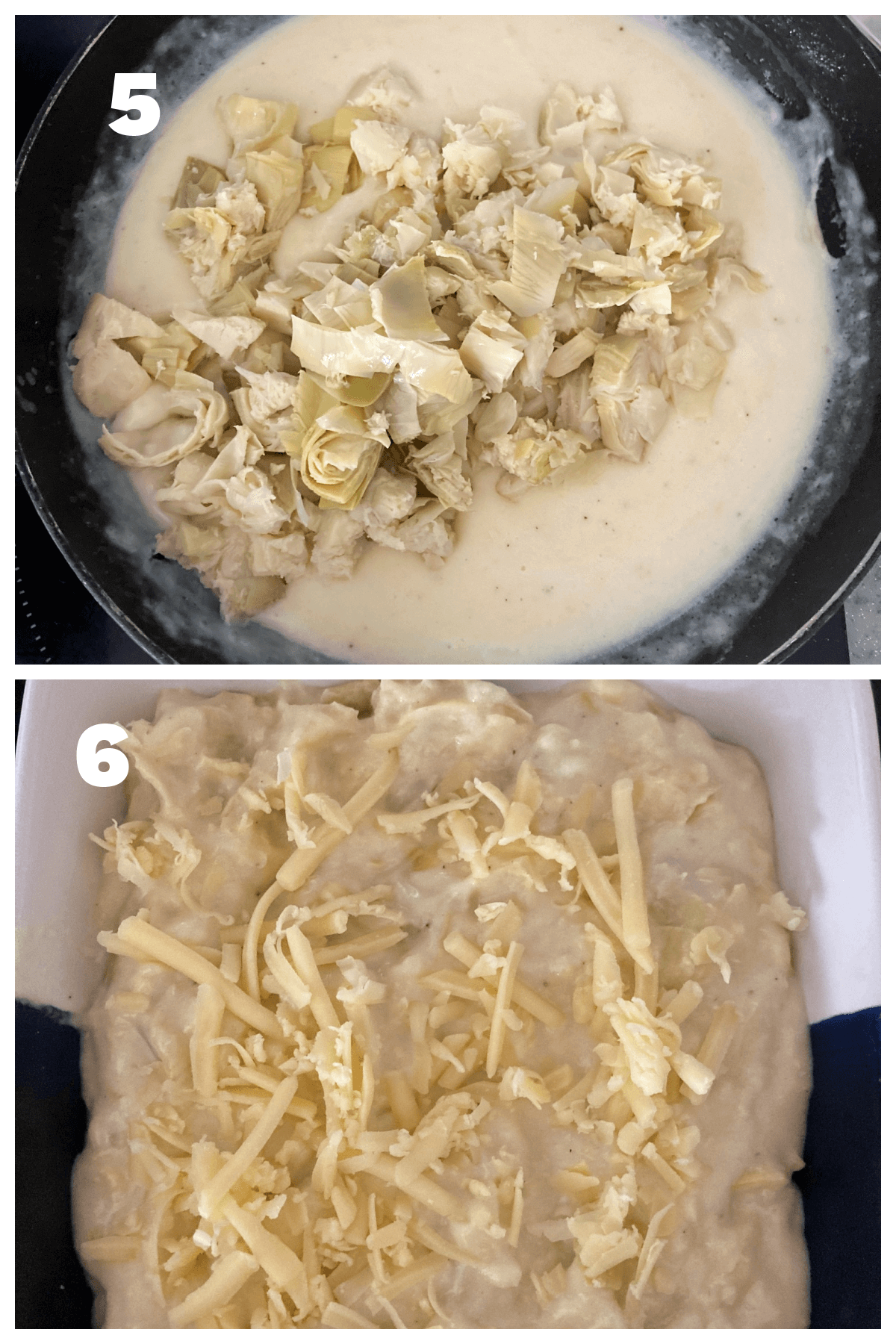 Collage of 2 photos to show how to make artichoke dip 