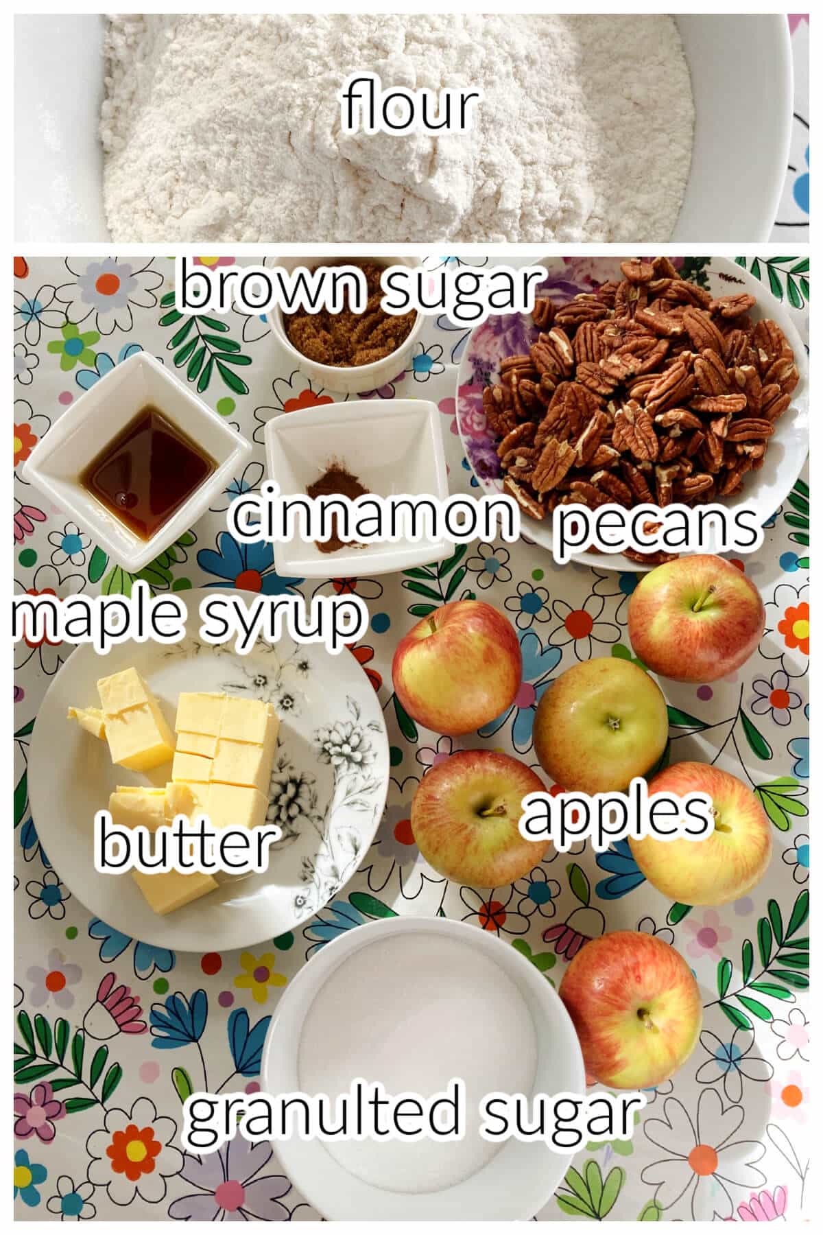 Ingredients needed to make pecan apple crumble.