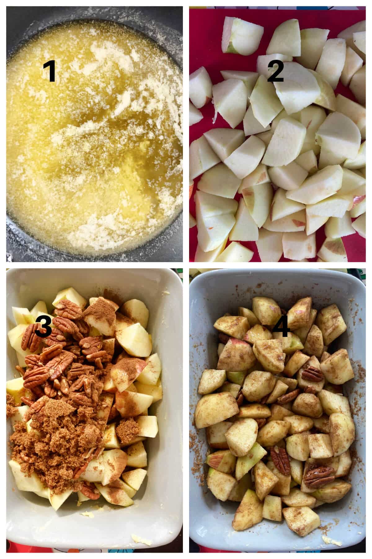 Collage of 4 photos to show how to make the crumble filling