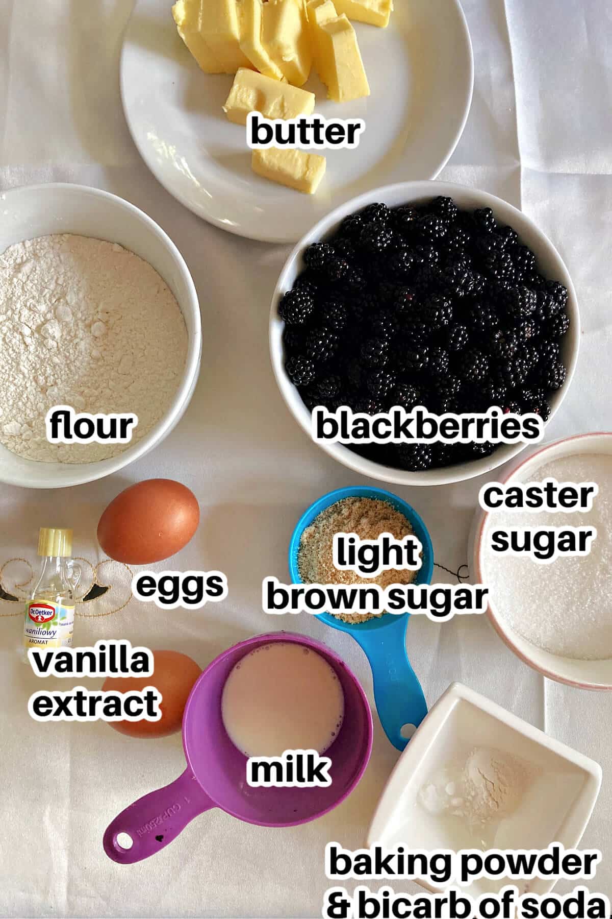 Ingredients needed to make blackberry upside down cake.