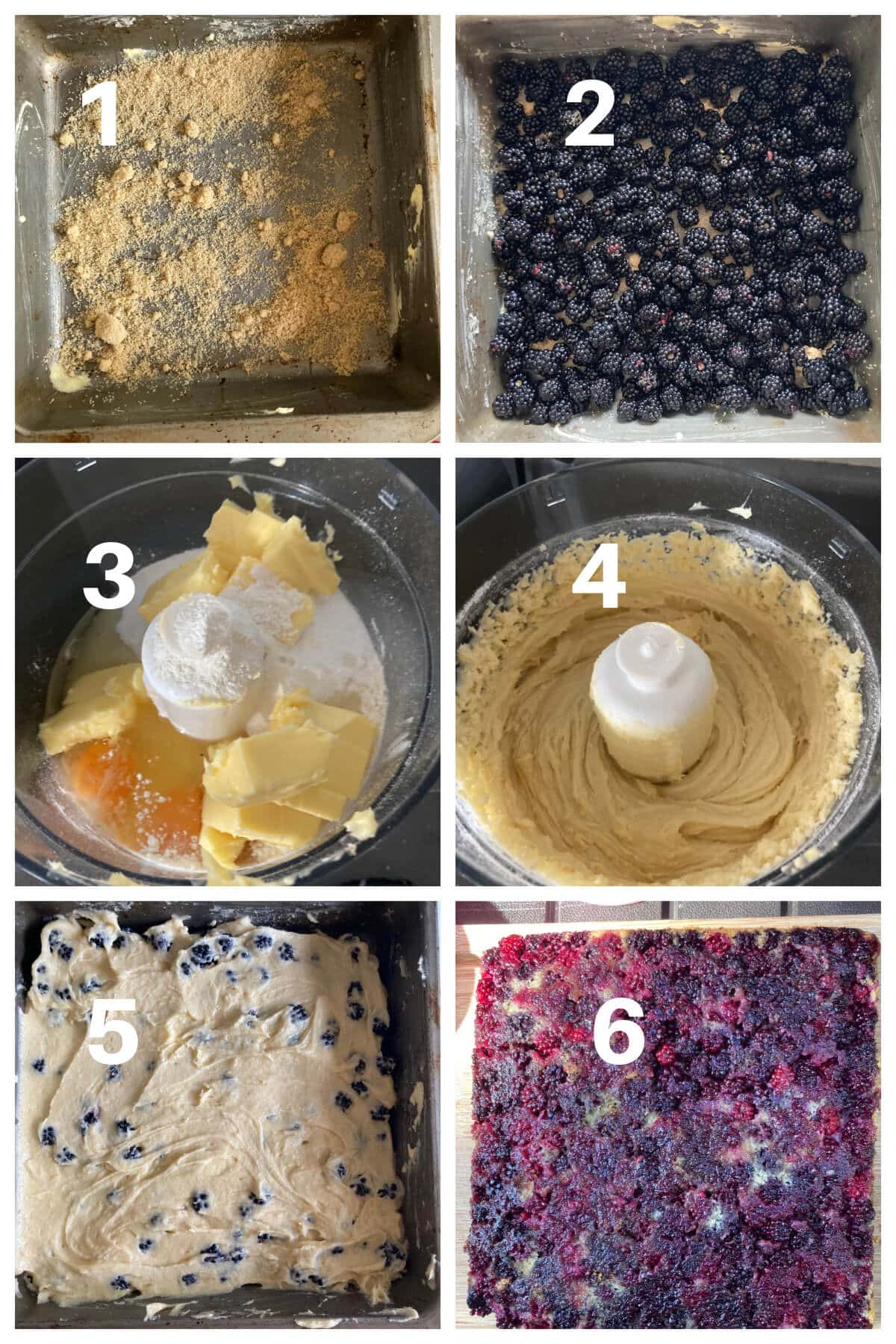 Collage of 6 photos to show how to make blackberry upside down cake.