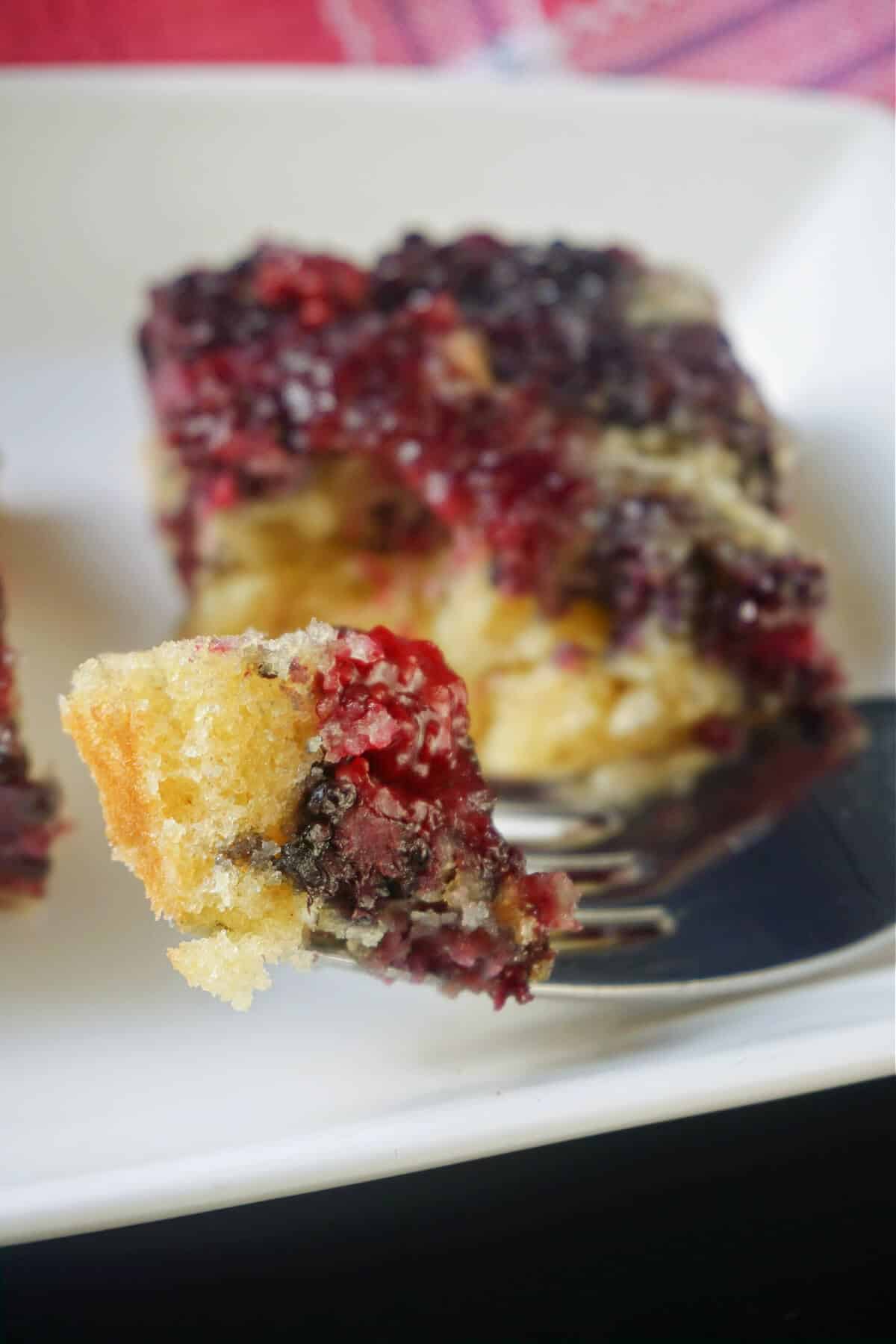 A forkful of blackberry cake.