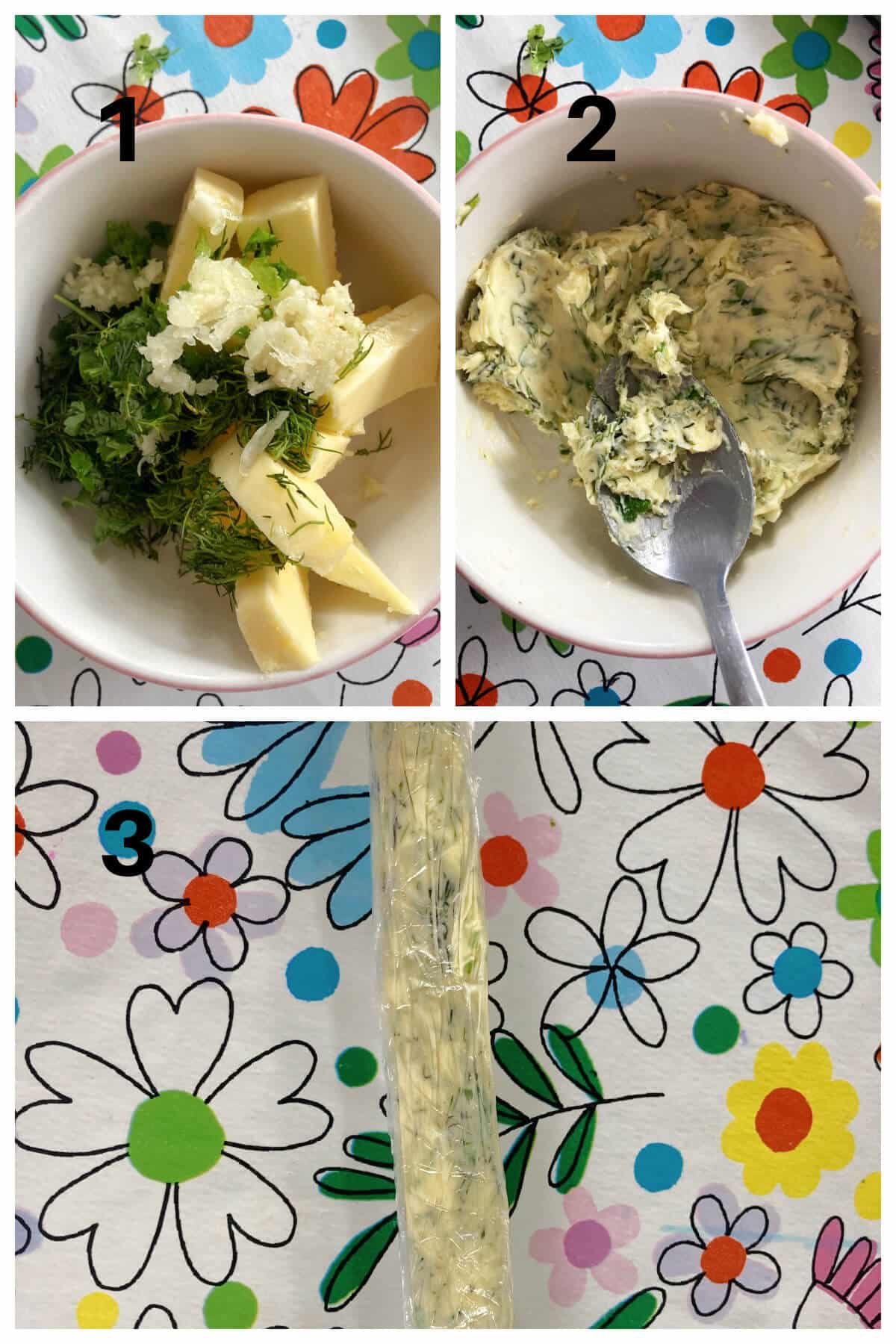 Collage of 3 photos to show how to make garlic herb butter.