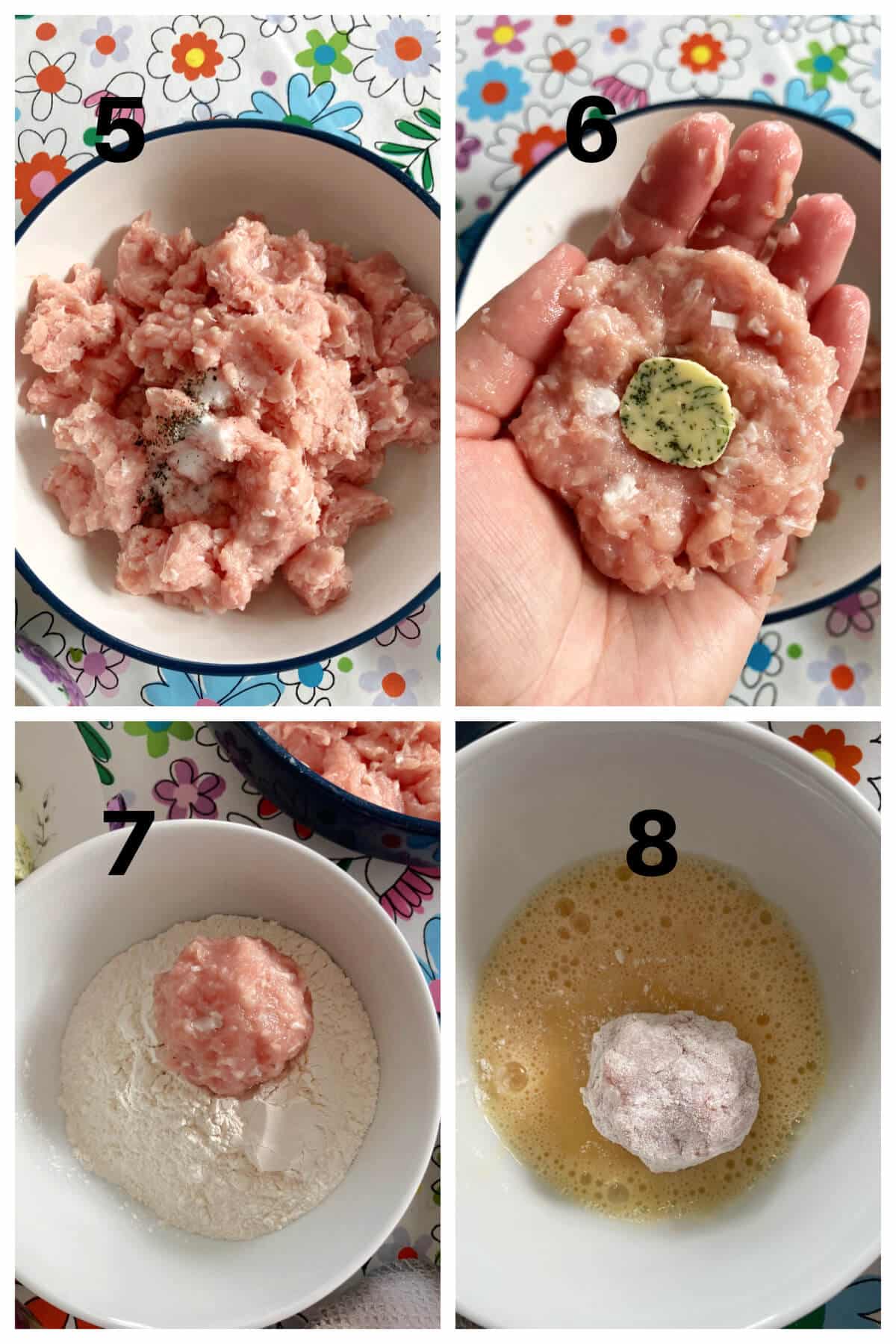 Collage of 4 photos to show how to make chicken kiev balls.